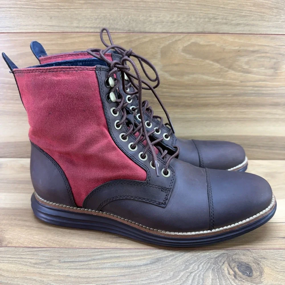 Cole Haan Original Grand Cap Toe Boots Mens 8 Brown Leather Red Canvas Casual